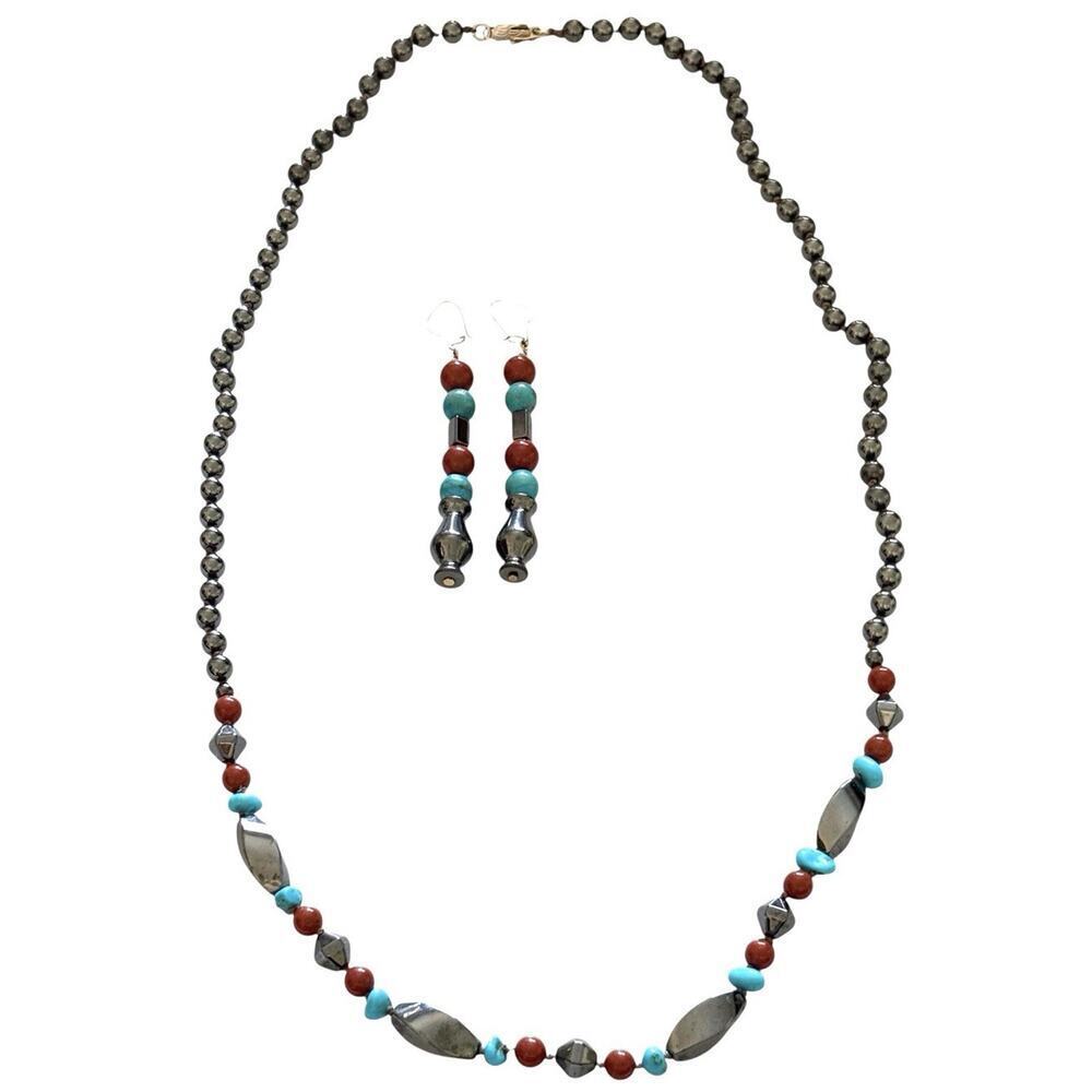 Southwestern Necklace Drop Earring Set Turquoise Coral Hematite 14k Clasp